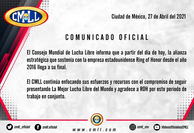 CMLL Ends Partnership With ROH